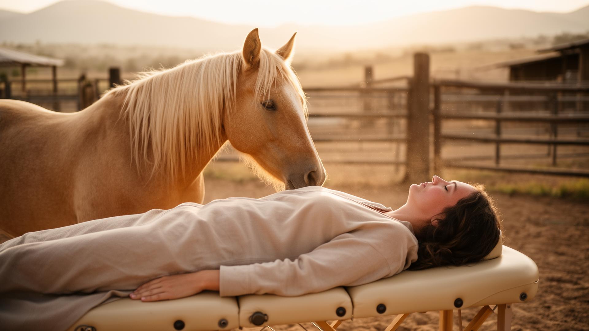 Sesión de equinoterapia al atardecer con caballo palomino